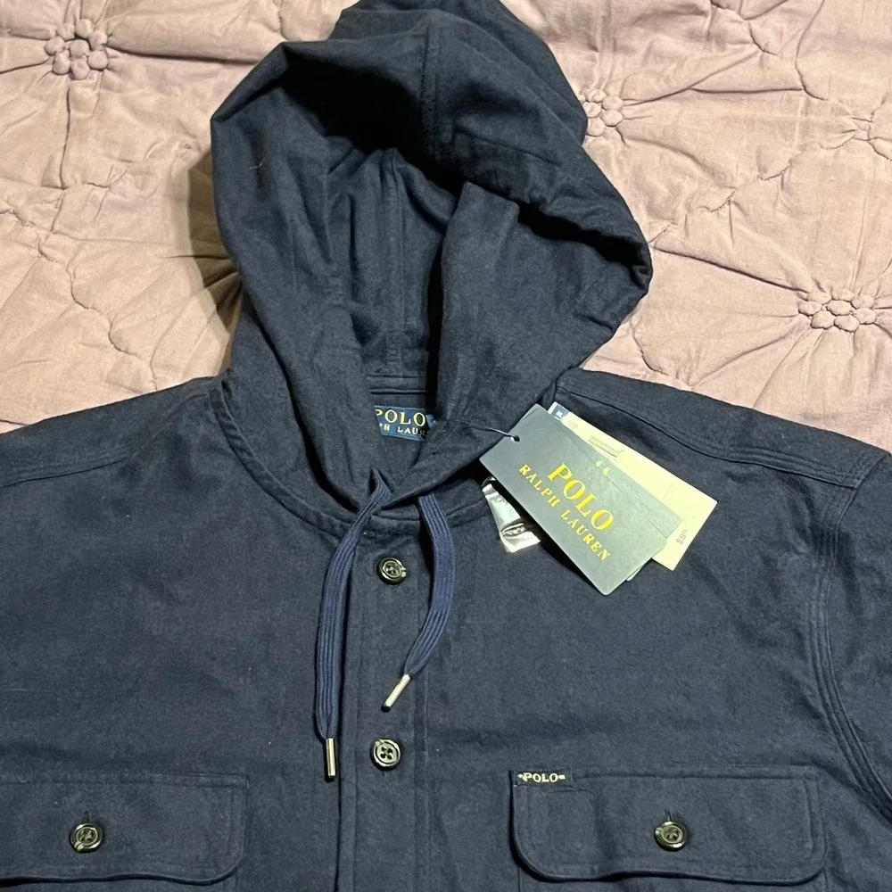 NWT Polo Ralph Lauren Hooded Button Down Shirt Navy Blue Cotton Men's Medium